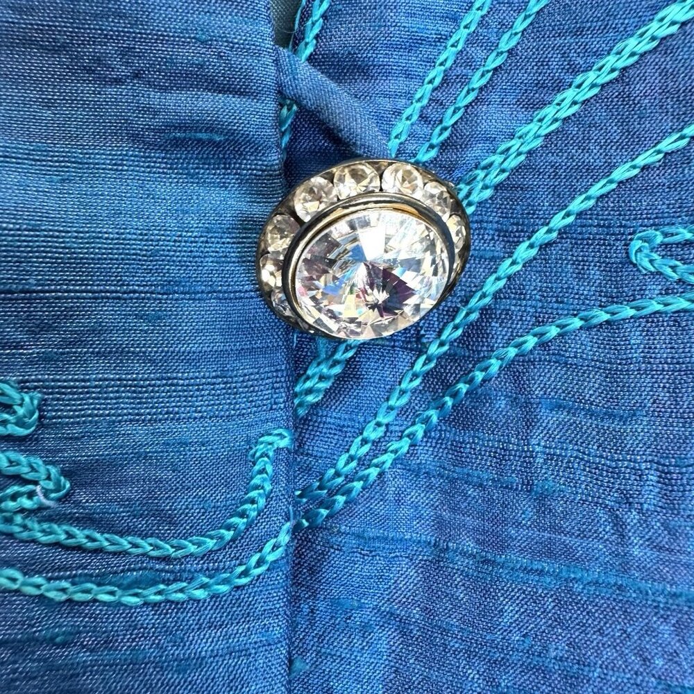 VTG 80s Skirt Suit Set Glam Power Cocktail Party Business Blue Rhinestone M/L - Picture 9 of 14